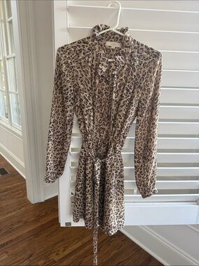 LOFT Tan and Black Leopard Print Long Sleeve Tie-Waist Dress
